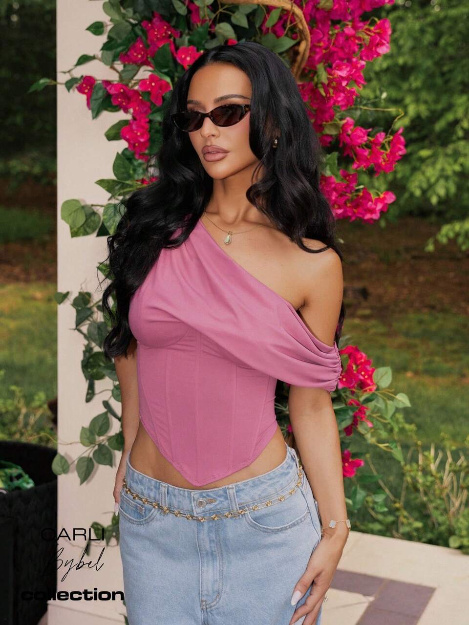 MISSGUIDED X Carli Bybel One Shoulder Corset Crop Top With Draped Ruched Sleeve Lace-Up Back Boning Detail Party