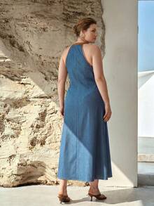 MOTF PREMIUM SPRING/SUMMER WOMEN'S HALTER NECK CONTRAST PIPING DENIM DRESS - Blue - View 4