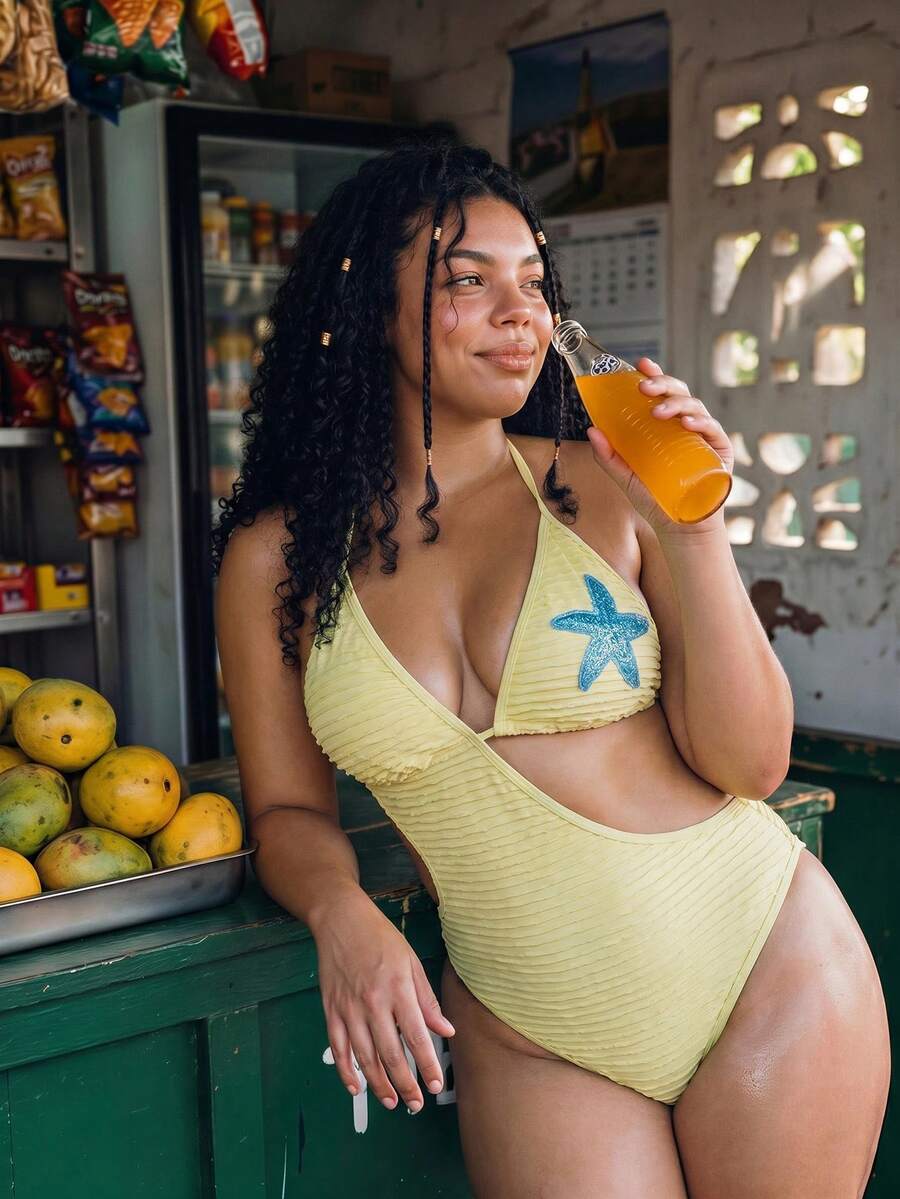 Swim Vcay Plus Size Women's Starfish Print Halter Neck Tie One Piece Swimsuit, Suitable For Beach Vacation, Pool Party, Beach Party Butter Yellow Summer - Yellow - View 1