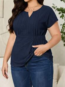 Reflora Kemeja Kasual Lengan Pendek Leher V Warna Polos untuk Wanita Ukuran Besar, Warna Biru Tua, Cocok untuk Musim Panas. - Navy Blue - View 5