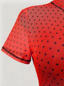 Mistrie 2026 Summer New Red Polka Dot Mesh Turtleneck Short Sleeve Backless Pleated Skinny Sheer Transparent Jumpsuit Set Suitable For Club Party - Red - View 7