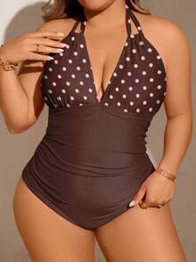 SHEIN Swim Curve Plus Size Women's Polka Dot Colorblock Halter One-Piece Swimsuit, Suitable For Beach Vacation, Pool Party, Beach Party - Brown - View 3