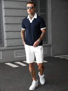 SLATEMANN Men's Summer Casual Colorblock Patchwork Polo Shirt - Navy Blue - View 7