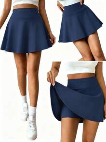 Teen Girl Fall Solid Color Versatile Fashion Skort , Tennis Running Preppy Style Autumn , Holiday - Blue - View 2