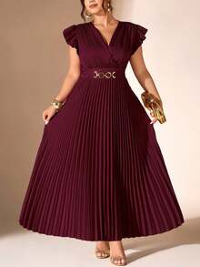 Cravure Robe longue décontractée bordeaux pour femmes grande taille, élégante et décontractée pour l'été, avec manches à volants froncés, décoration de boutons métalliques, taille froncée au dos, taille affinée et ourlet plissé - Rouge foncé - Voir 6