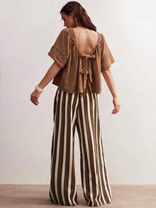 Bohemela Casual Solid Color Woven Loose Fit Women's Shirt - Brown - View 2