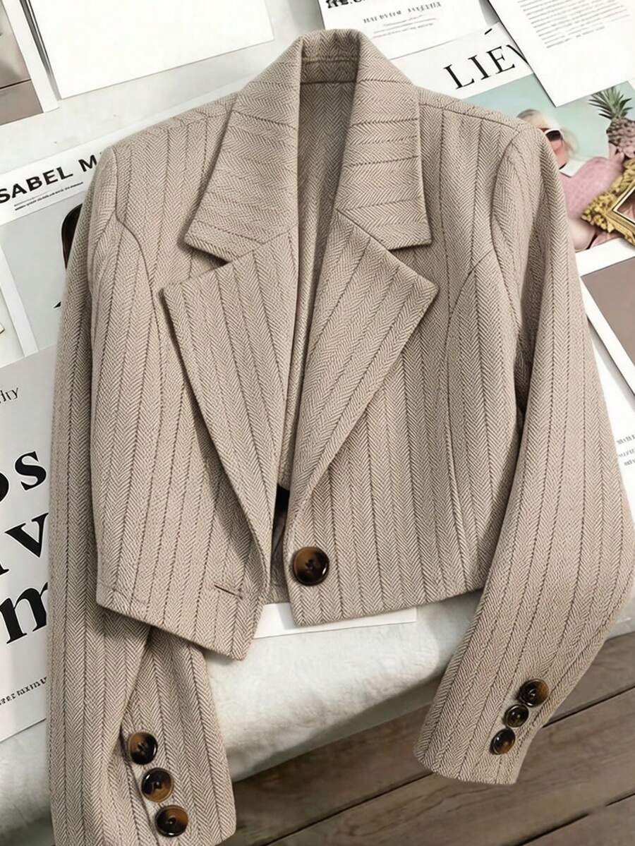 Franclia Blazer Wanita Musim Panas dan Gugur Bergaris Beige yang Chic, Jaket Kantor Lengan Panjang Pendek, Jaket Jas Formal Serbaguna untuk Perjalanan Kasual dan Wisuda - MultiWarna - View 1