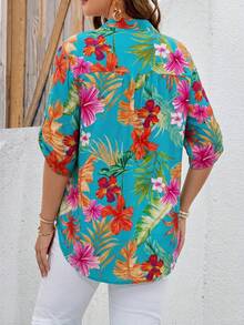 EMERY ROSE Plus Size Summer Floral Print Notch Neck Roll Sleeve Shirt Women Blouses Tropical Tops Beach Shirts For Hawaiian - Mint Green - View 2