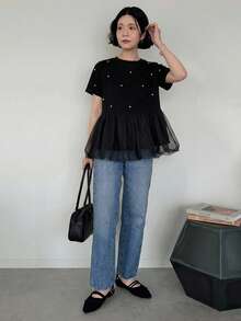 FRIFUL 女款夏季純色圓領短袖水鑽百褶 T-shirt 可愛上衣 - 黑色 - 查看 3