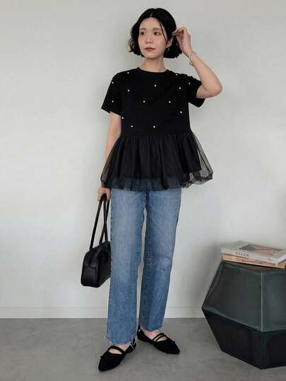 FRIFUL Women's Summer Solid Color Round Neck Short Sleeve Rhinestone Pleated T-Shirt Cute Top