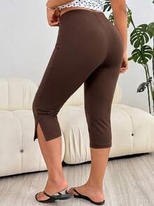 Solflare Chocolate Brown Plus Size Women's Capri Leggings, Spring/Summer Clothes - Chocolate Brown - View 3
