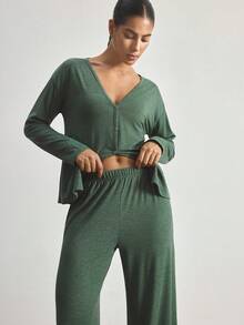 Ocili Minimalistischer, bequemer, kragenloser, weicher Pyjama-Set für Frauen - Dunkelgrün - Übersicht 4