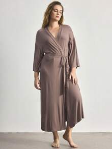 Ocili Comfortable Soft Minimalist Long Sleeve Plus Size Robe - Brown - View 4