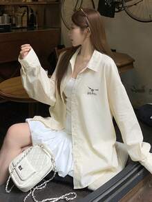 DAZY 女款寬鬆休閒印花襯衫，翻領設計 - 黃色 - 查看 7