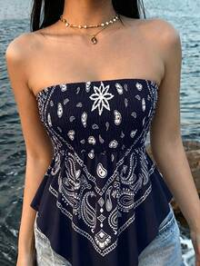 SHEIN Franclia Schwarzes bedrucktes kurzes Camisole Top, taillierter sexy Träger-Top für den Sommer; Vintage bedrucktes elastisches enges kurzes Camisole Top für den Sommer; asymmetrisches kurzes Camisole Neu Design ärmelloses Top für den Sommer - marineblau - Übersicht 1