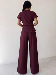 Firerie Women's Casual Elegant Plaid Asymmetric Hem Shirt And Wide Leg Pants 2pcs Set, Suitable For Commuting Dinner Office, Fashion Business Wear Burgundy - Burgundy - View 4