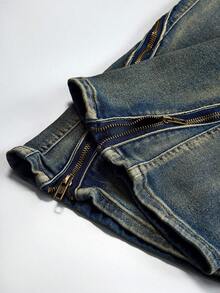 Zorclune Jeans casuales para hombre con bolsillos y diseño de cremallera en el tobillo - Azul lavado medio - View 5