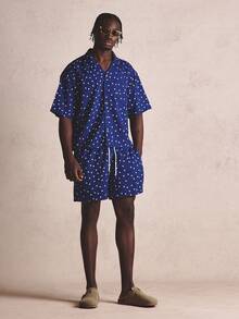Musero Camisa de botones con hombros caídos, ajuste cuadrado, estampado de micropuntos, esencial para primavera y verano - Azul y blanco - Ver 1
