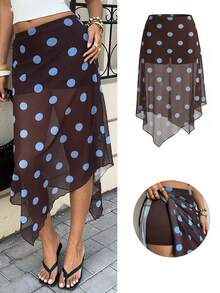 Siren Gaze Women's Elastic Waist Brown Polka Dot Summer 2000s Vacation Skirt,Asymmetric Hem Mesh Elegant Boho Cute Dainty Girly Party Graduation Skirts - Multicolor - View 2