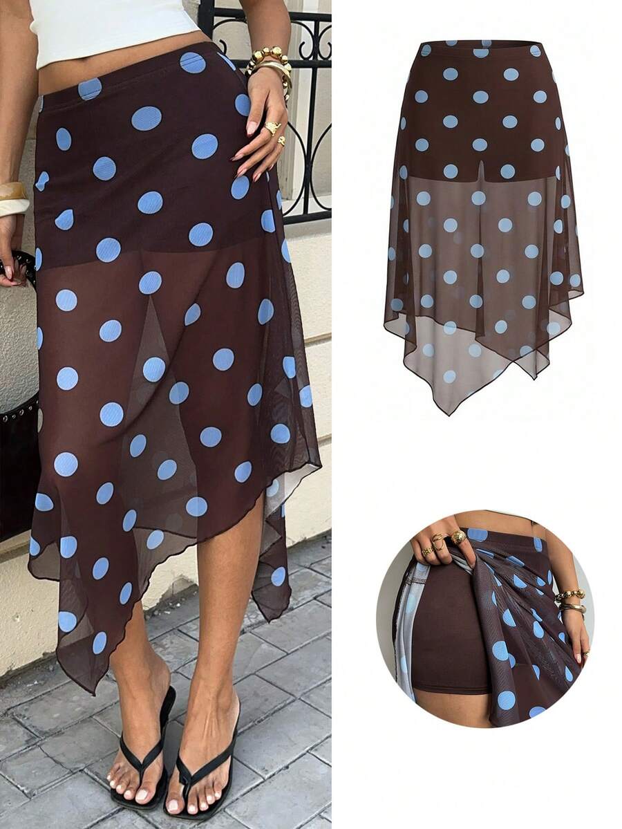 Siren Gaze Women's Elastic Waist Brown Polka Dot Summer 2000s Vacation Skirt,Asymmetric Hem Mesh Elegant Boho Cute Dainty Girly Party Graduation Skirts