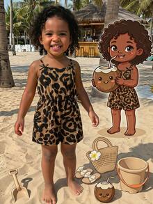 SHEIN Young Girl Woven Leopard Print Camisole Romper - Multicolor - View 2