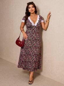 Elaquor Plus Size Summer Short Sleeve V-Neck Random Print Vacation Style Dress - Multicolor - View 3