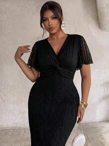 Firerie Vestido elegante de verano talla grande con nudo delantero y manga corta - Negro - Ver 1