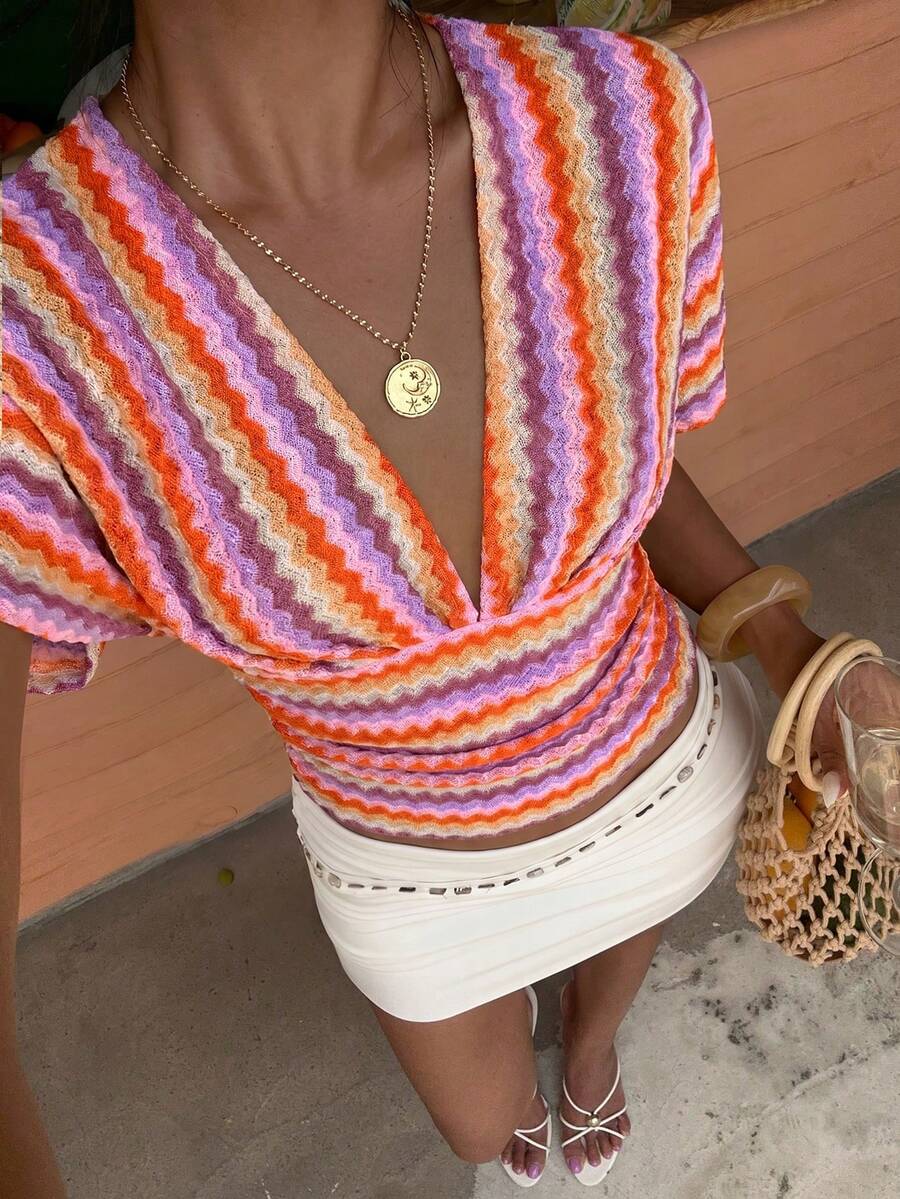 Aloruh Deep V-Neck Colorful Textured T-Shirt, Slimming, Vacation, Cute - Multicolor - View 1