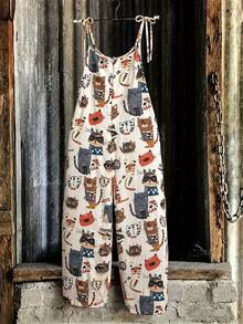 Linhara Plus Size Women's All-Over Print Cartoon Cat Linen Overalls With Shoulder Straps, Loose Wide Leg Fit, Suitable For Daily Wear In Spring And Summer, Jumpsuit - Multicolor - View 2