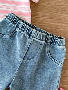 SHEIN 女嬰櫻桃印花對比滾邊短袖T恤上衣搭配時尚刺繡圖案短褲套裝 - 粉色 - 查看 5