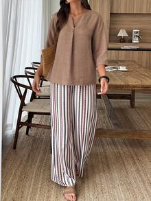 SHEIN LUNE Women's Solid Color Notched V-Neck 3/4 Sleeve Shirt And Striped Pants Casual Set - Multicolor - View 4