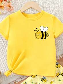 Baby Girl Pastel Yellow Summer Casual Cute Cartoon Bee Print T-Shirt & Bike Shorts Set,Soft Flower Pattern Athleisure Wear For Daily Work Home - Multicolor - View 6