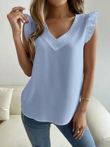 SHEIN Raffinéa Women's Solid Color Contrast Lace V-Neck Flutter Sleeve Blouse - Blue - View 7