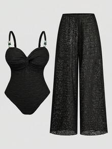 Swim Oasis Plus Size Women's Vacation Twist Design Camisole One-Piece Swimsuit With Cover-Up Pants - Black - View 1