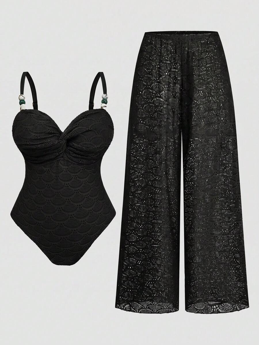 Swim Oasis Plus Size Women's Vacation Twist Design Camisole One-Piece Swimsuit With Cover-Up Pants - Black - View 1