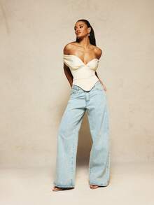 KIZN Atasan Korset Bustier Satin Model Sweetheart dengan Bahu Terbuka, Desain Lipatan Berpilin, dan Detail Potongan di Pinggang untuk Pesta Malam Hari - Aprikot - View 4