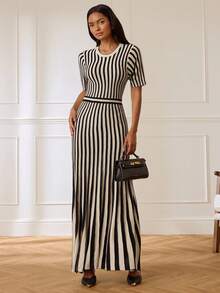 Lilora Women's Elegant Round Neck Striped Knit Dress, High-End Fashion Versatile Elegant Dress, Suitable For Commuting, Daily Casual Outings, Gatherings, Dates, Parties, Leisure, Outings, Holidays, Vacations, Summer, Holiday Travel - Black and White - View 8