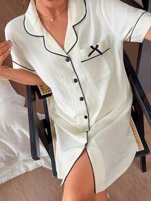 Napfluff Contrast Trim Bow Decor Patch Pocket Lapel Front Opening Women's Nightgown - Apricot - View 3