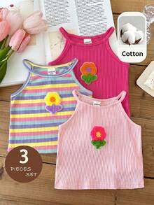 SHEIN LMoss Kids Baby Girl 3pcs Set Knit Solid Color 3D Flower Patchwork Striped Pullover - Watermelon Pink - View 4