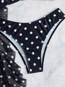 Swim Vcay 女款夏季海灘波點交叉掛脖綁帶性感時尚比基尼兩件式泳衣套裝，附罩衫與長褲，無鋼圈 - 黑與白 - 查看 4