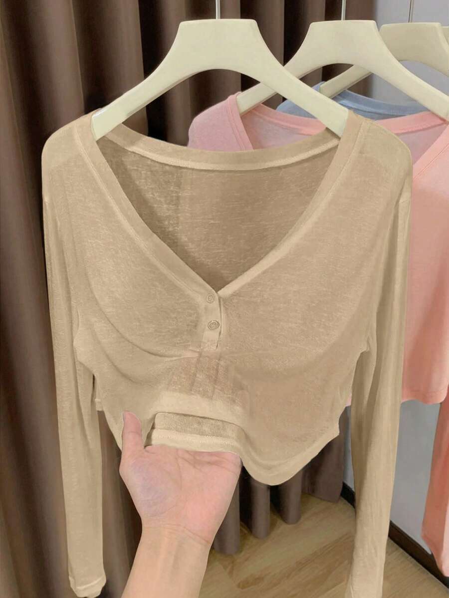 Resyla Soft Skin Cooling V-Neck Half-Button Short T-Shirt - Khaki - View 1