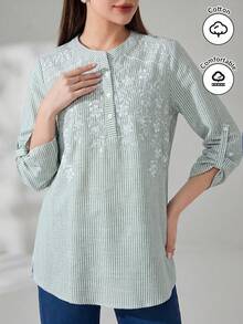 Veilorie 新款刺繡條紋休閒舒適百搭日常度假長袖襯衫 - 綠色 - 查看 2
