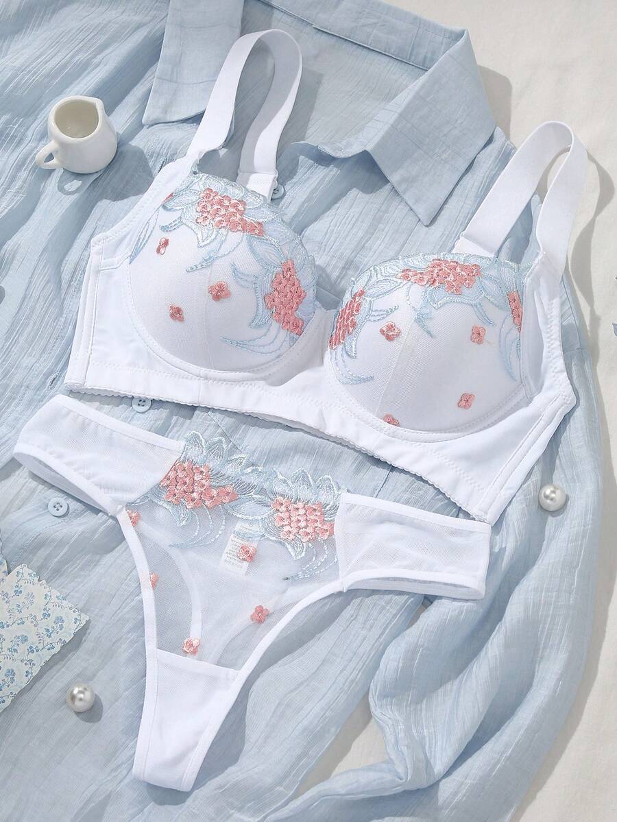 SHEIN 2件組刺繡女款內衣套裝 - 白色 - 查看 1
