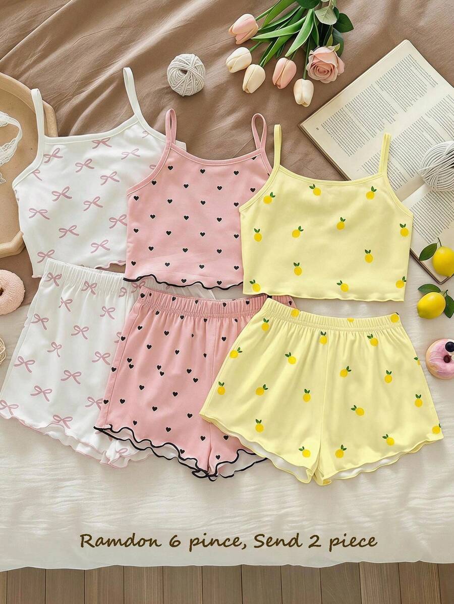 SHEIN LMoss Kids 少女休閒簡約可愛波點迷你夏季熱帶水果檸檬圖案,奶油黃,吊帶上衣和短褲家居服適合夏季,柔軟,舒適,舒適,舒適,圖案,可愛,Y2K - 彩色 - 查看 1