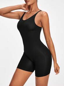 SHAPORA Women's Solid Color Bodycon Romper With Spaghetti Strap - Black - View 5