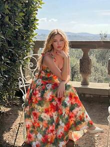 SHEIN MOD Abito midi da donna con stampa a pittura a olio, vita alta e orlo a ombrello - Multicolore - Visualizzare 7