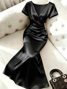 Franclia Plus Size Women Elegant Ruched Pearl Button Decor Short Sleeve Fishtail Dress, Spring/Summer Formal Black - Black - View 3