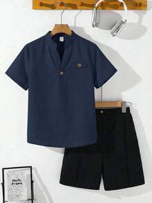 SHEIN 青少年男孩休閒短袖V領上衣與短褲套裝 - 藏蓝色 - 查看 1