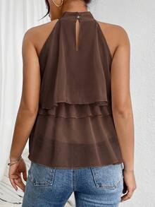 Firerie Blusa de verano de mujer para vacaciones en la playa, de unicolor, de gasa con volantes multicapa y escote halter - Café integral - Ver 2