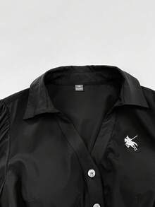 Sunspun 大尺碼暗黑風刺繡修身泡泡袖上衣 - 黑色 - 查看 3